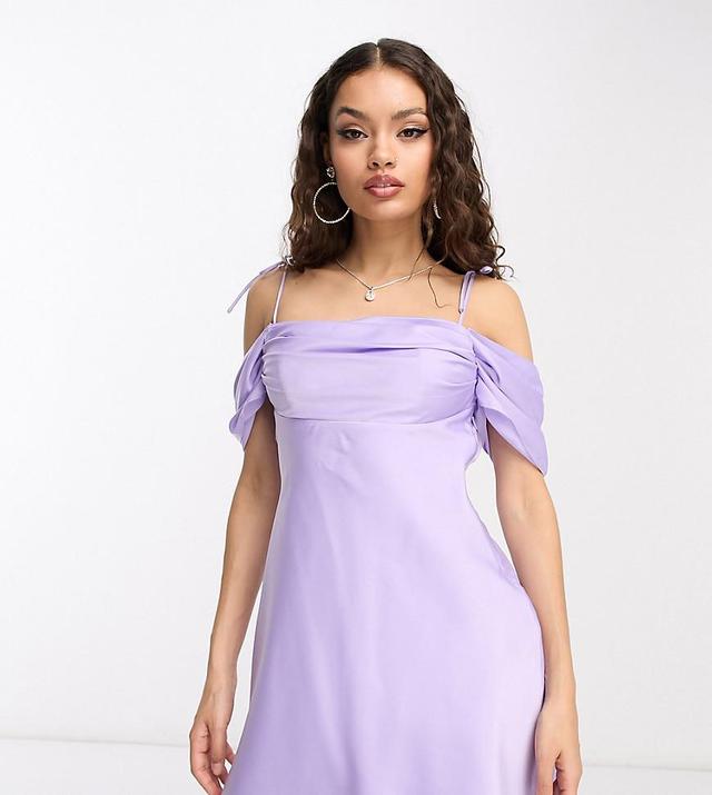 Ever New Petite off shoulder mini dress in lilac satin Product Image