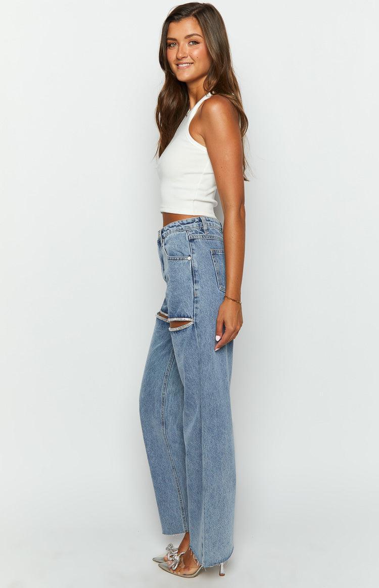 Gem Diamante Trim Wide Leg Denim Jeans Product Image