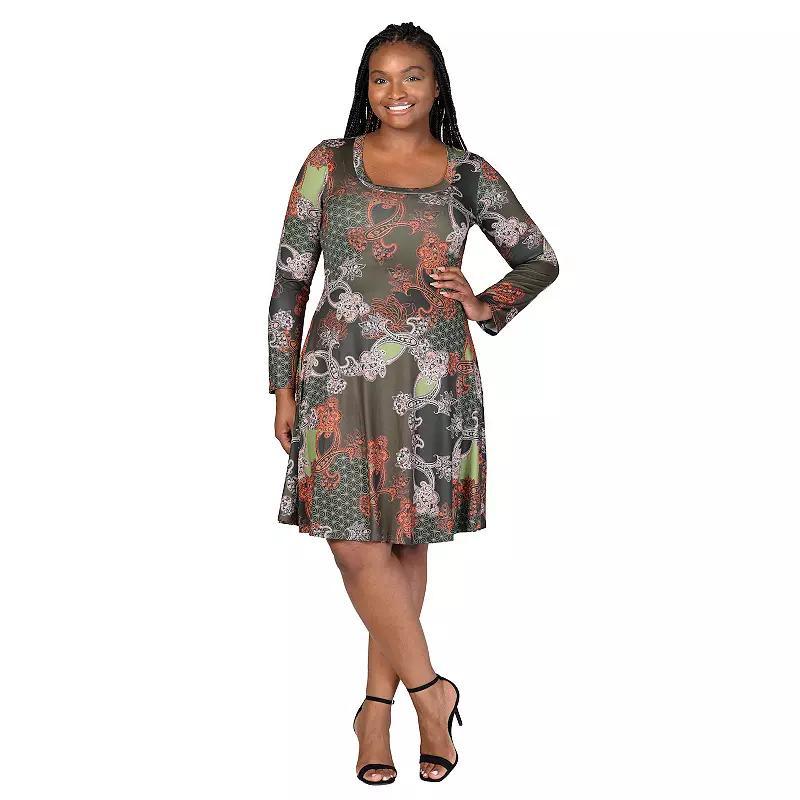 Plus Size 24Seven Comfort Apparel Green Paisley Print Long Sleeve Knee Length Dress, Womens Product Image