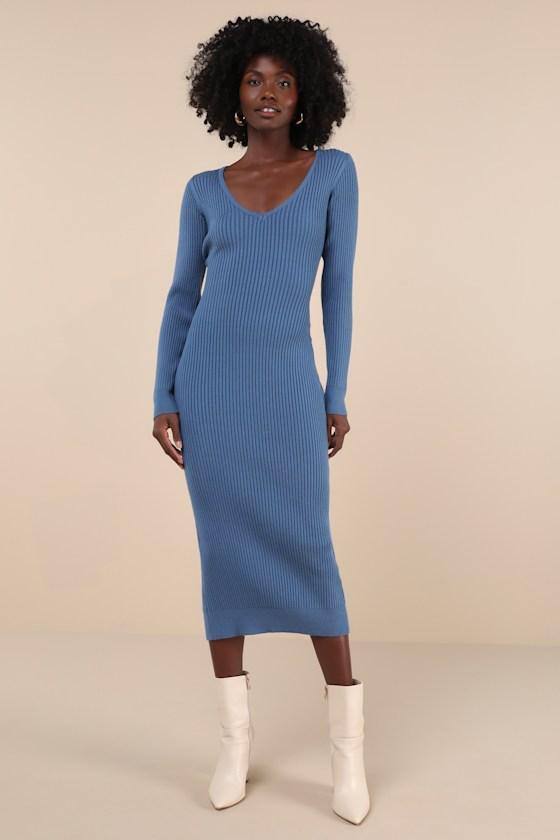 Everyday Beauty Blue Long Sleeve Ribbed Knit Sweater Dress Product Image