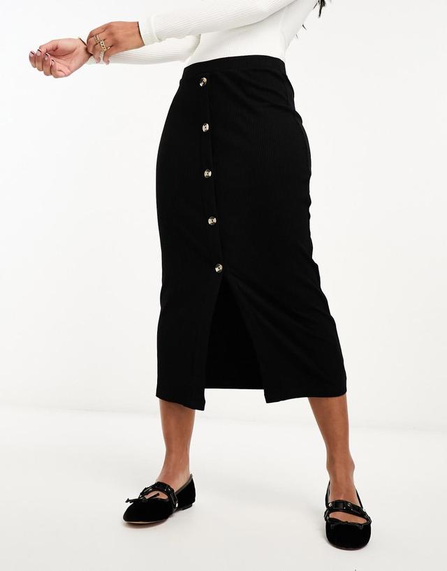 ASOS DESIGN ribbed midi skirt with horn buttons in black Product Image