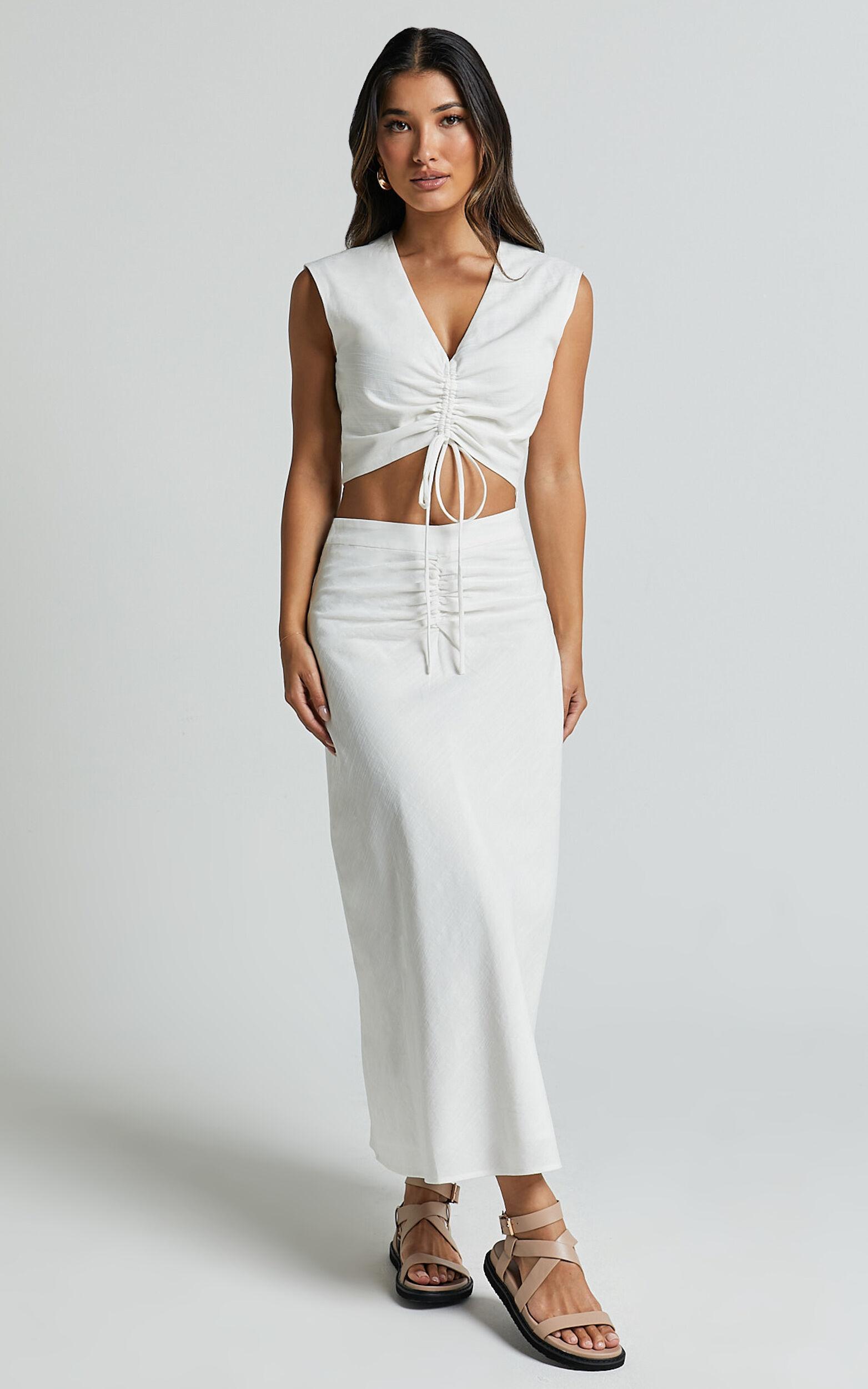 Devan Two Piece Set - Ruched Crop Top and A Line Midi Skirt Set in White Product Image