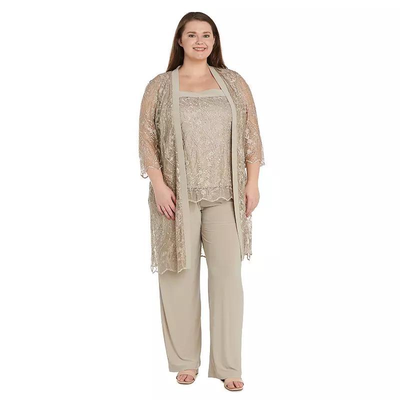 Plus Size R&M Richards 3-pc. Embroidered Sequin Lace Jacket, Tank & Jersey Pant Set, Womens Beige Product Image