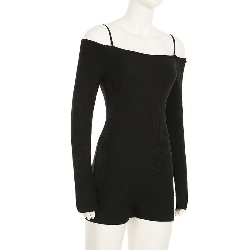 Long-Sleeve Cold Shoulder Plain Romper Product Image