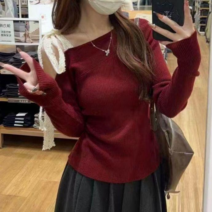 Long-Sleeve Cold Shoulder Lace Panel Slim Fit Knit Top Product Image