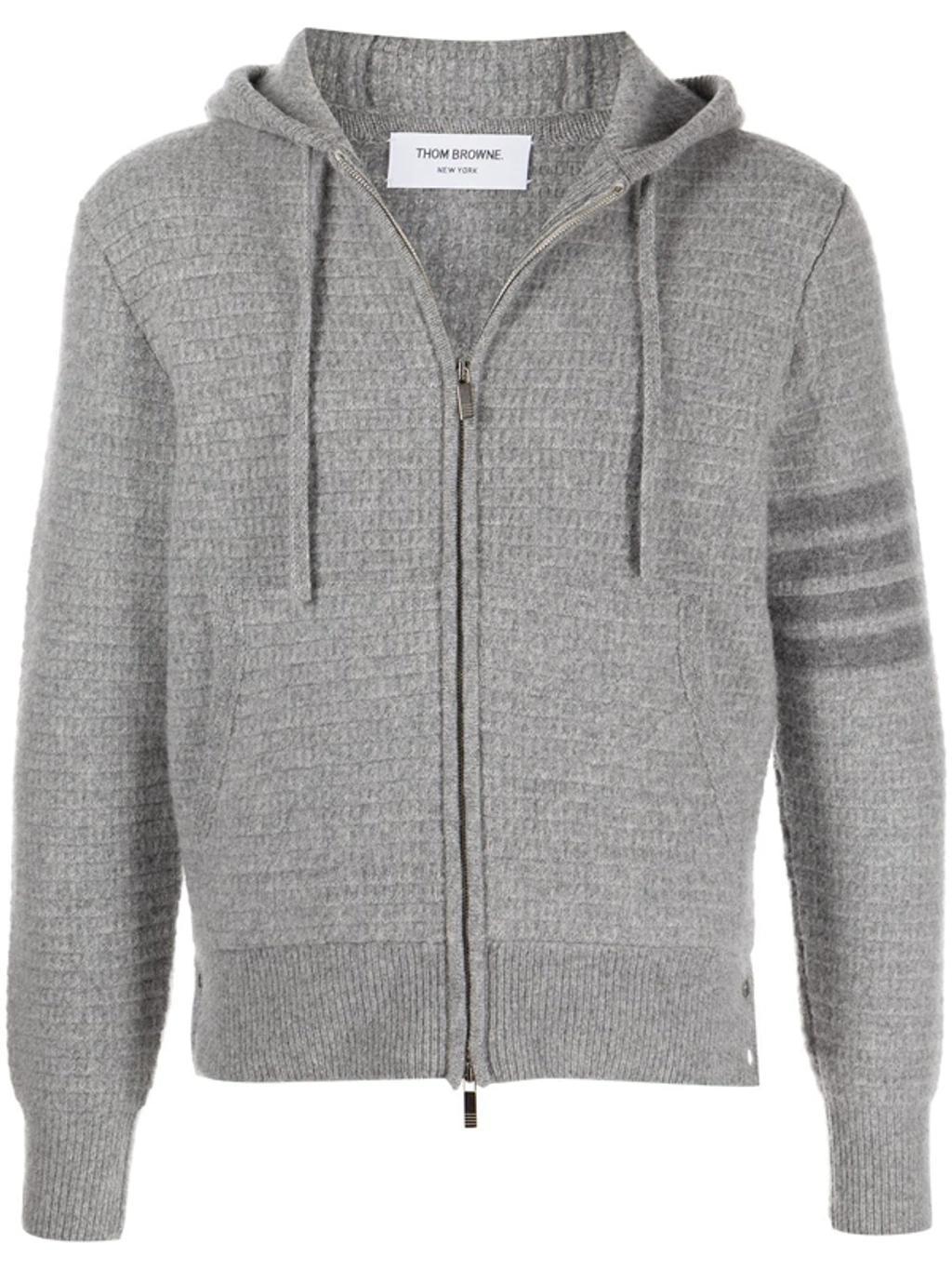 THOM BROWNE Striped Textured Wool And Cashmere-blend Zip-up Hoodie In Grey Product Image