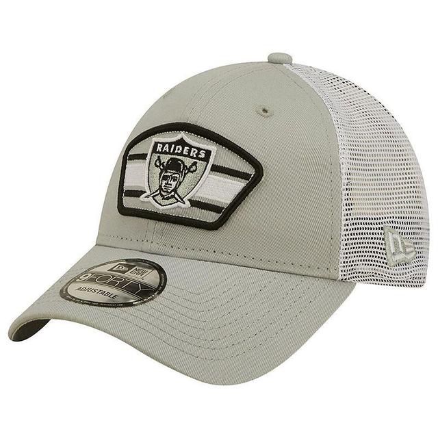 Mens New Era Gray/White Las Vegas Raiders Logo Patch Trucker 9FORTY Snapback Hat Product Image