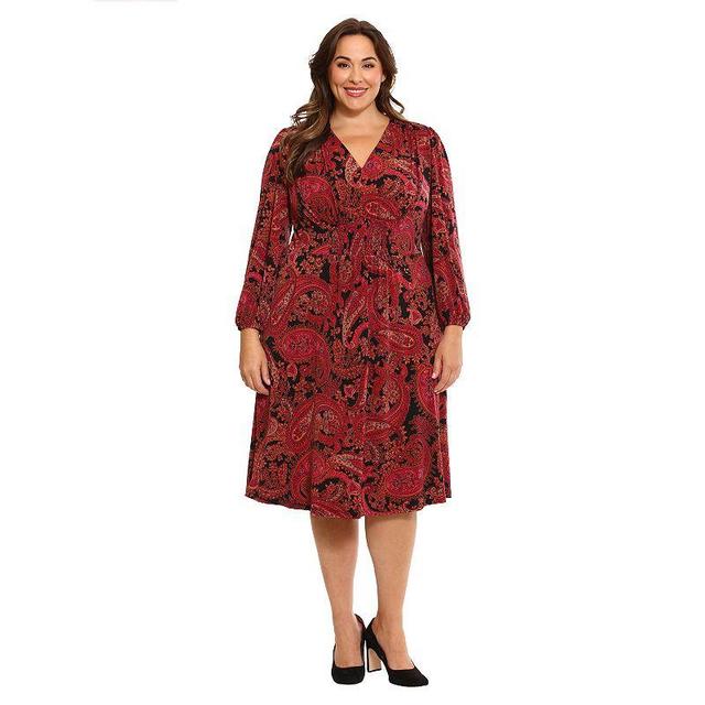 London Times Plus Size Long Sleeve V-Neck Paisley Print Midi Dress Product Image