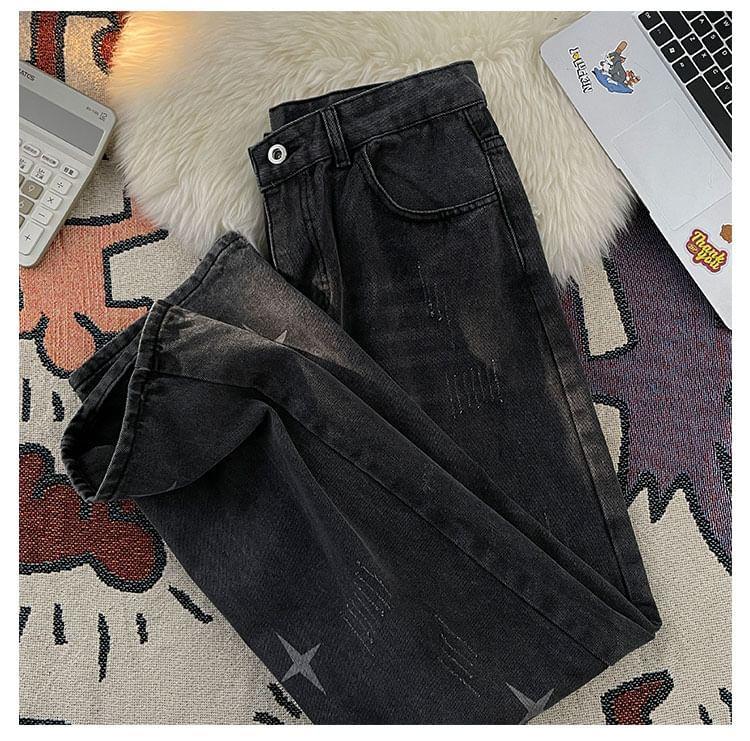 Mid Rise Washed Star Print Wide Leg Jeans Product Image