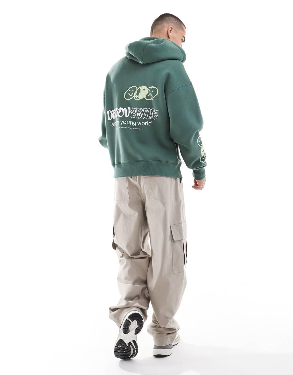 Pull&bear discover printed hoodie in green Product Image