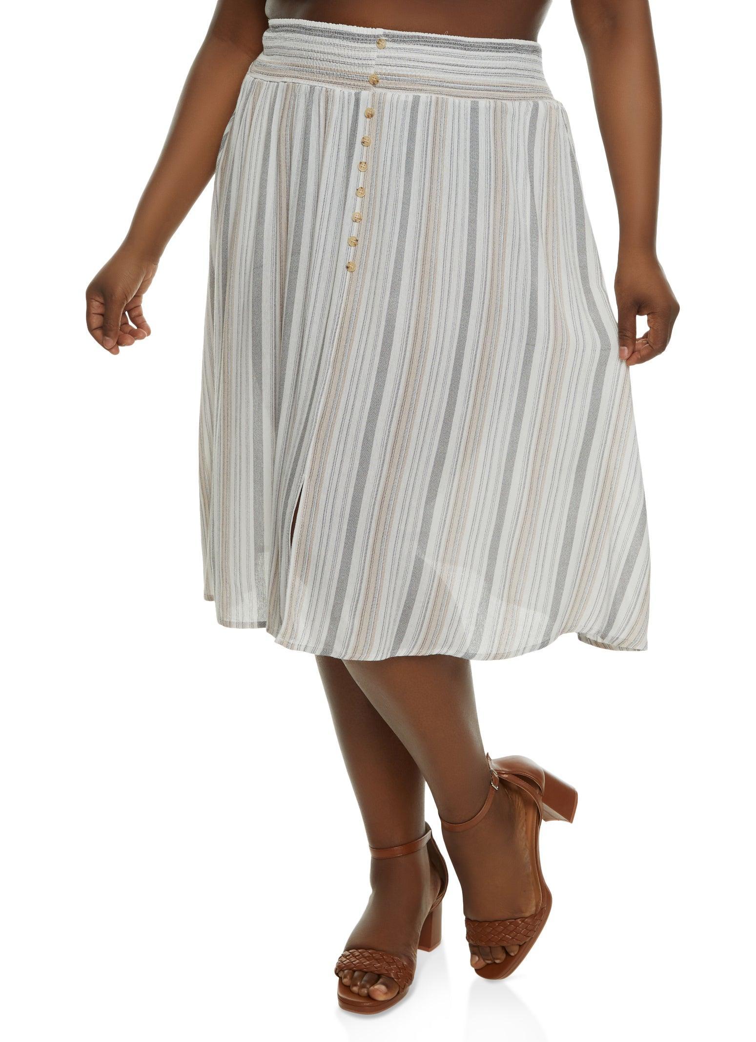 Womens Plus Size Striped Faux Button Midi Skirt product image