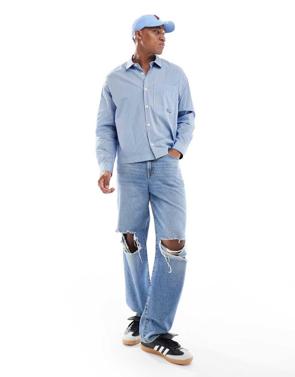 ASOS DESIGN oversized boxy shirt with embroidery in blue stripe  Product Image