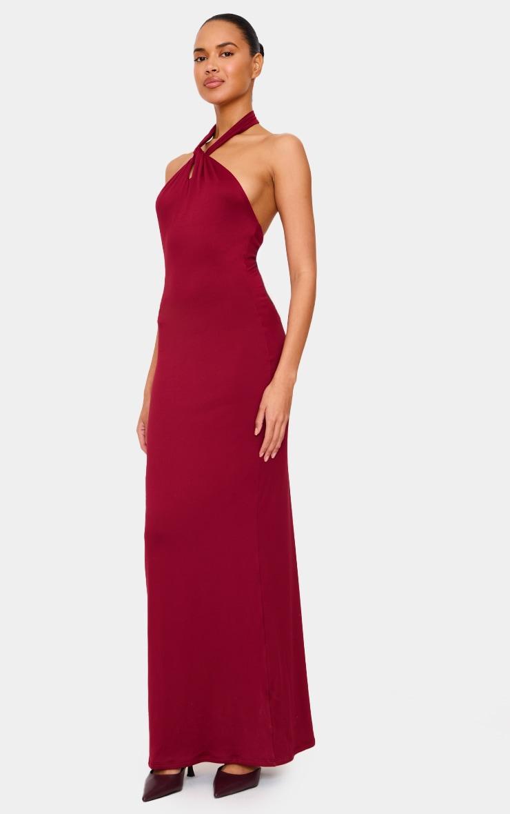 Burgundy Double Contour Halterneck Low Back Maxi Dress Product Image