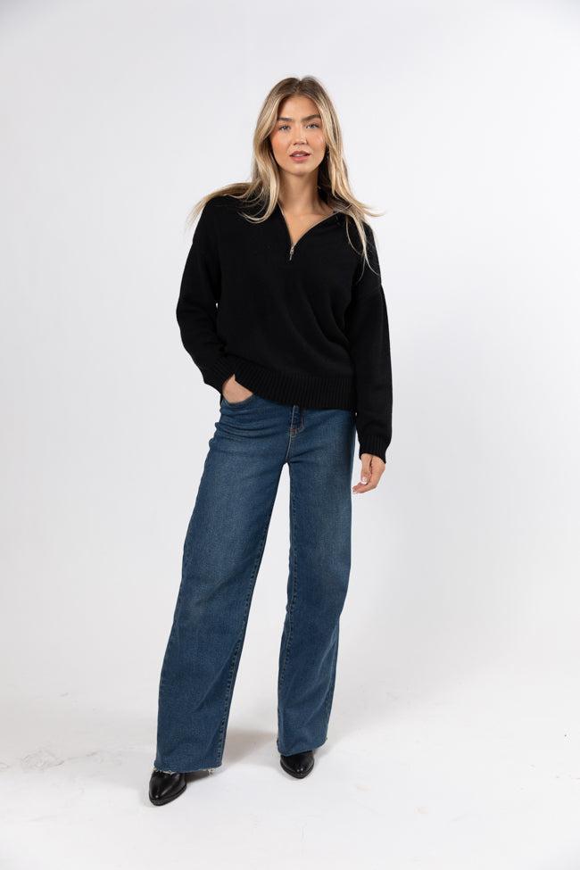 Roll With It Black Solid Quarter Zip Sweater Product Image