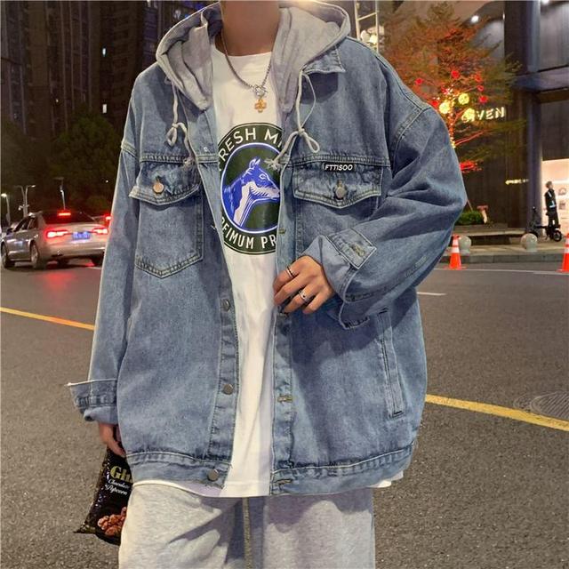 Hooded Washed Denim Button Up Jacket Product Image