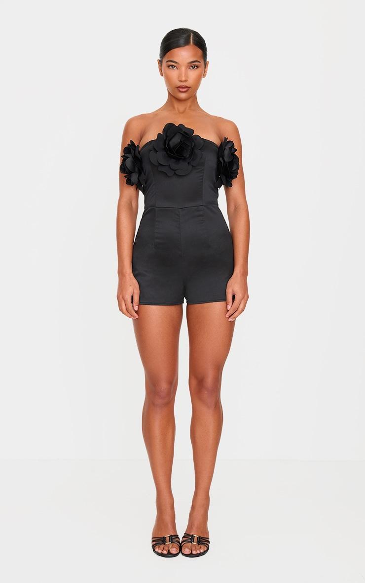 Black Satin Floral Corsage Detail Bandeau Romper Product Image