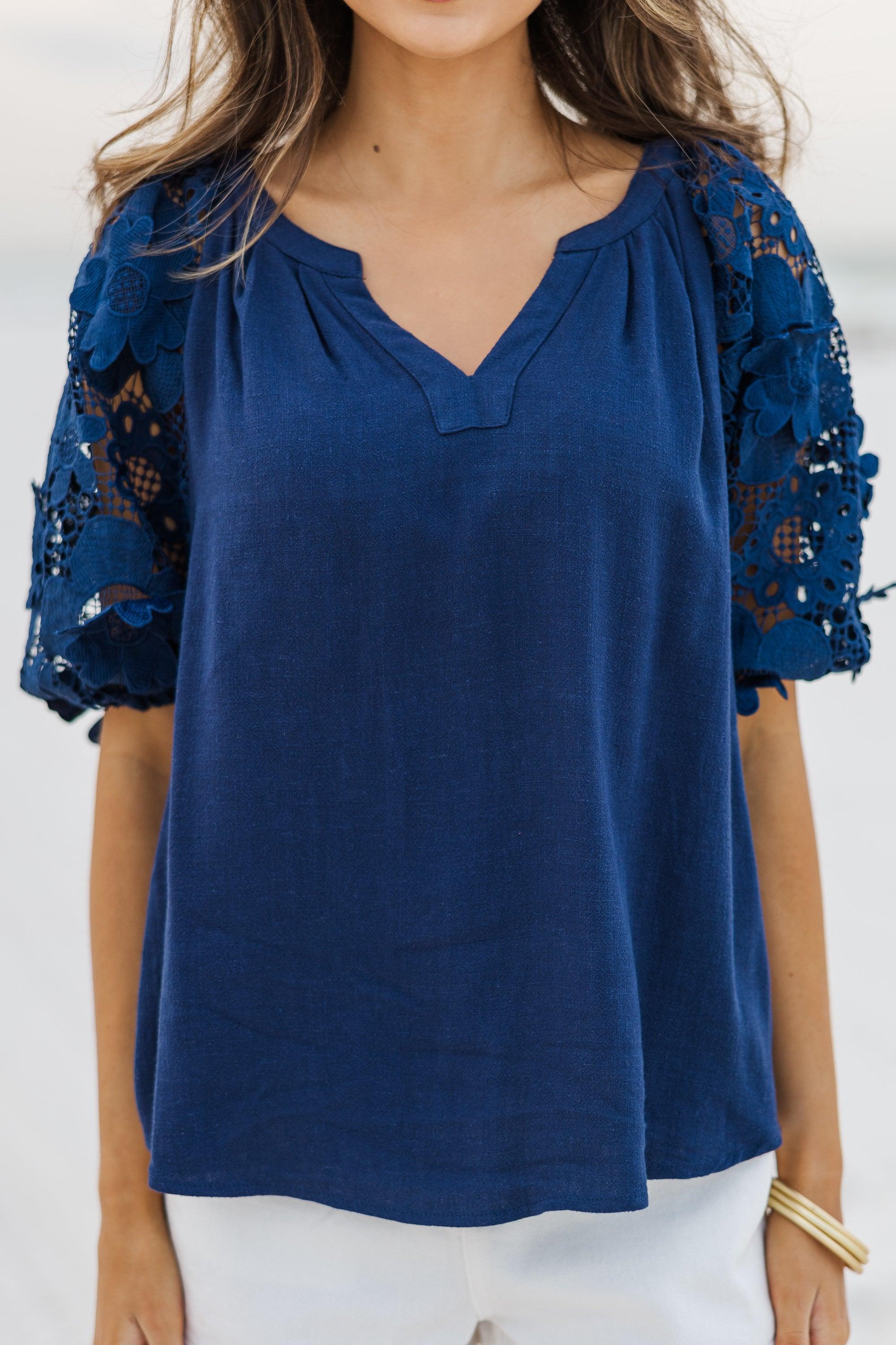 Look At You Now Navy Blue Crochet Blouse Female Product Image