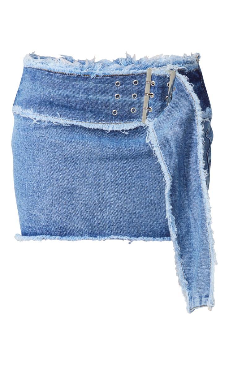 Petite Light Blue Wash Frayed Belt Detail Denim Mini Skirt Product Image