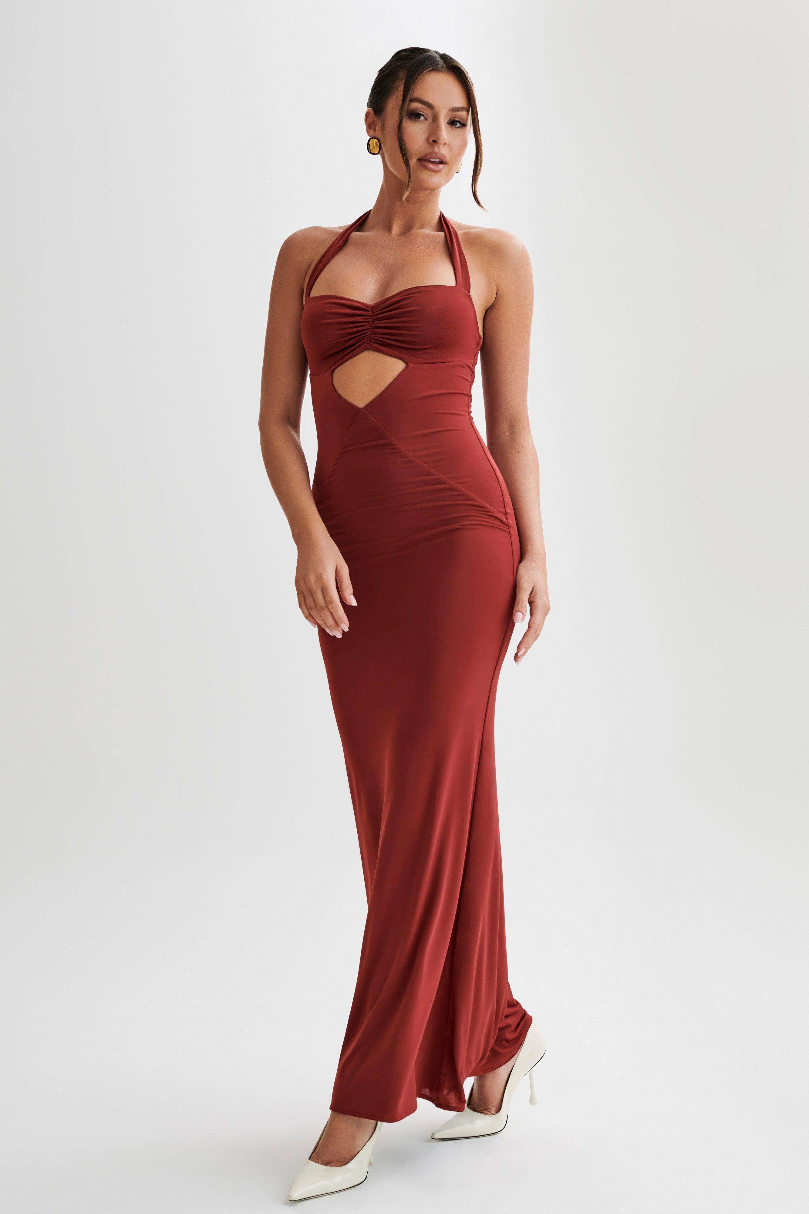 Ginevra Slinky Halter Maxi Dress - Cherry Red Product Image