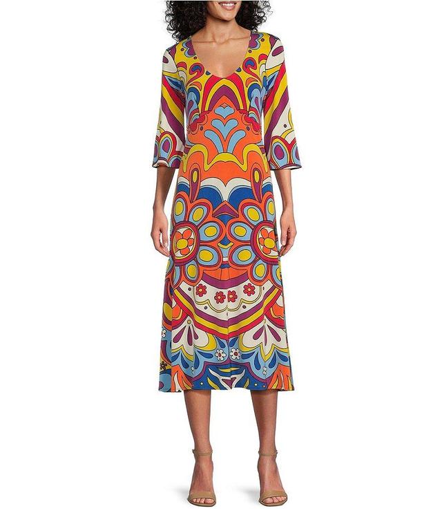 Eva Varro Knit Jersey Mod Floral Print V-Neck 3/4 Sleeve Midi A-Line Dress Product Image