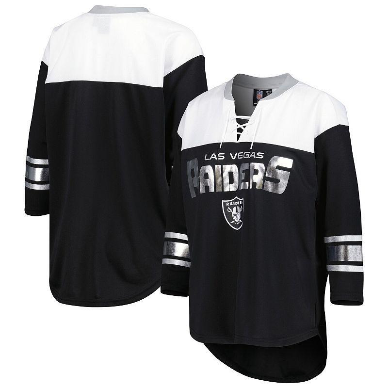 Women's G-III 4Her by Carl Banks Black/White Las Vegas Raiders Double Team 3/4-Sleeve Lace-Up T-Shirt Product Image