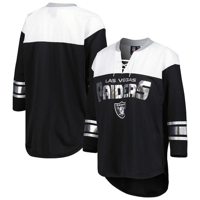 Womens G-III 4Her by Carl Banks Black/White Las Vegas Raiders Double Team 3/4-Sleeve Lace-Up T-Shirt Product Image