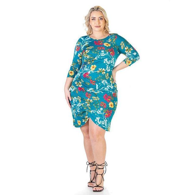 Plus Size 24Seven Comfort Apparel Elbow Sleeve Ruched Knee Length Dress, Womens Blue Pink Product Image