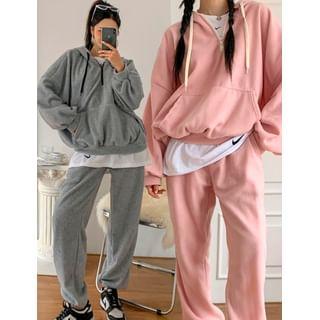 Set: Half-Zip Hoodie + Elastic Waist Plain Sweatpants Product Image