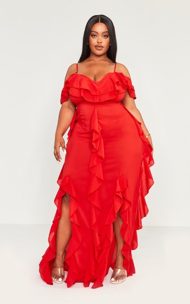 Plus Red Cold Shoulder Ruffle Detail Maxi Dress Product Image