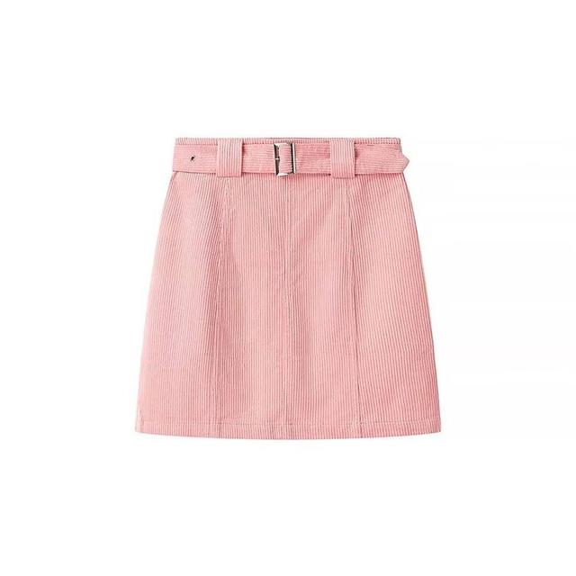 High Rise Plain Belted Corduroy Mini A-Line Skirt Product Image