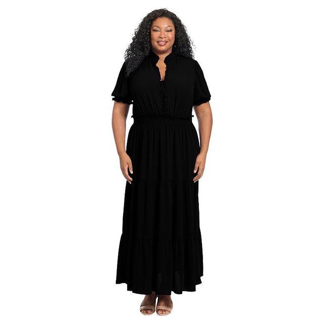 Plus Size London Times Smock Puff Sleeve Ruffle Neck Maxi Dress, Womens Black Product Image