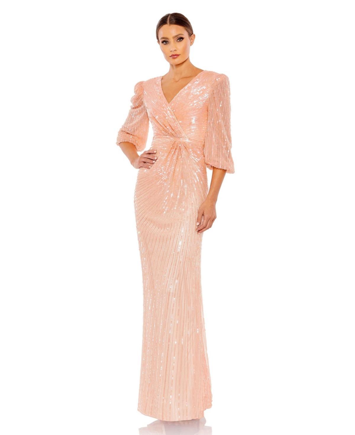 Womens Sequined Faux Wrap Puff Sleeve Gown Product Image