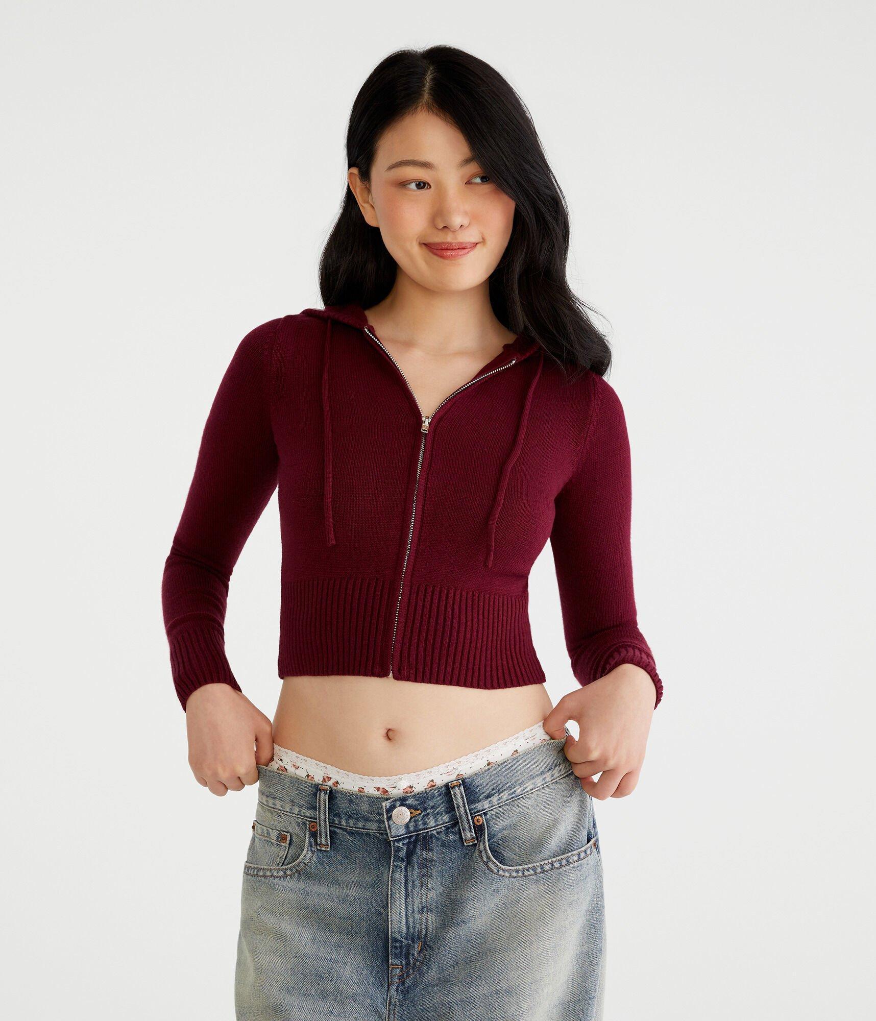 Solid Cropped Full-Zip Hooded Sweater Product Image