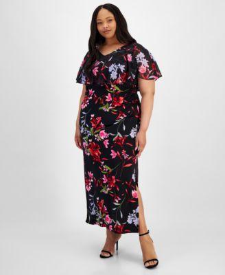 Plus Size V-Neck Floral Cape Maxi Dress Product Image