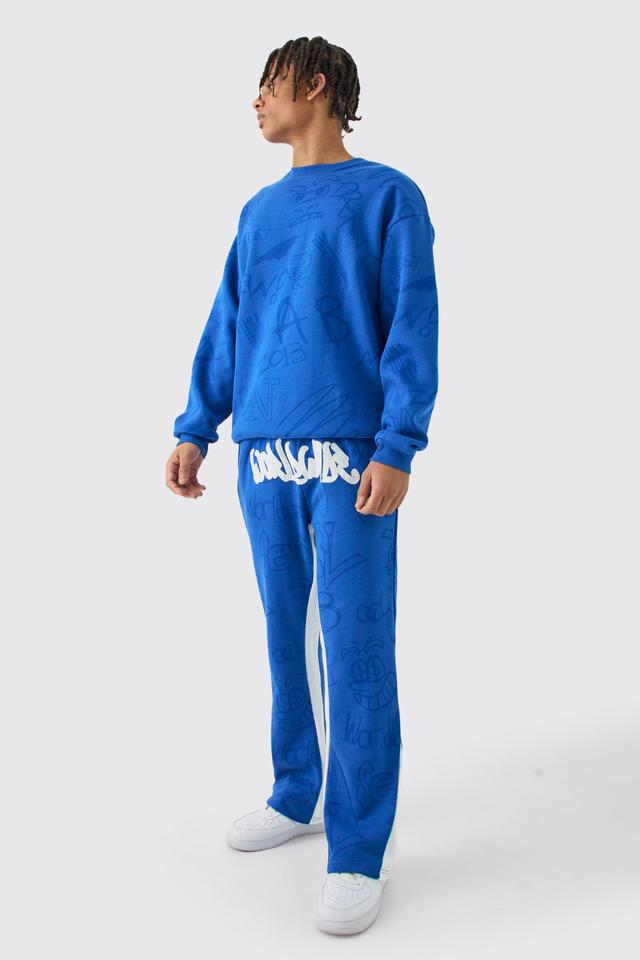 Mens Blue Oversized Graffiti Applique Gusset Tracksuit, Blue Product Image