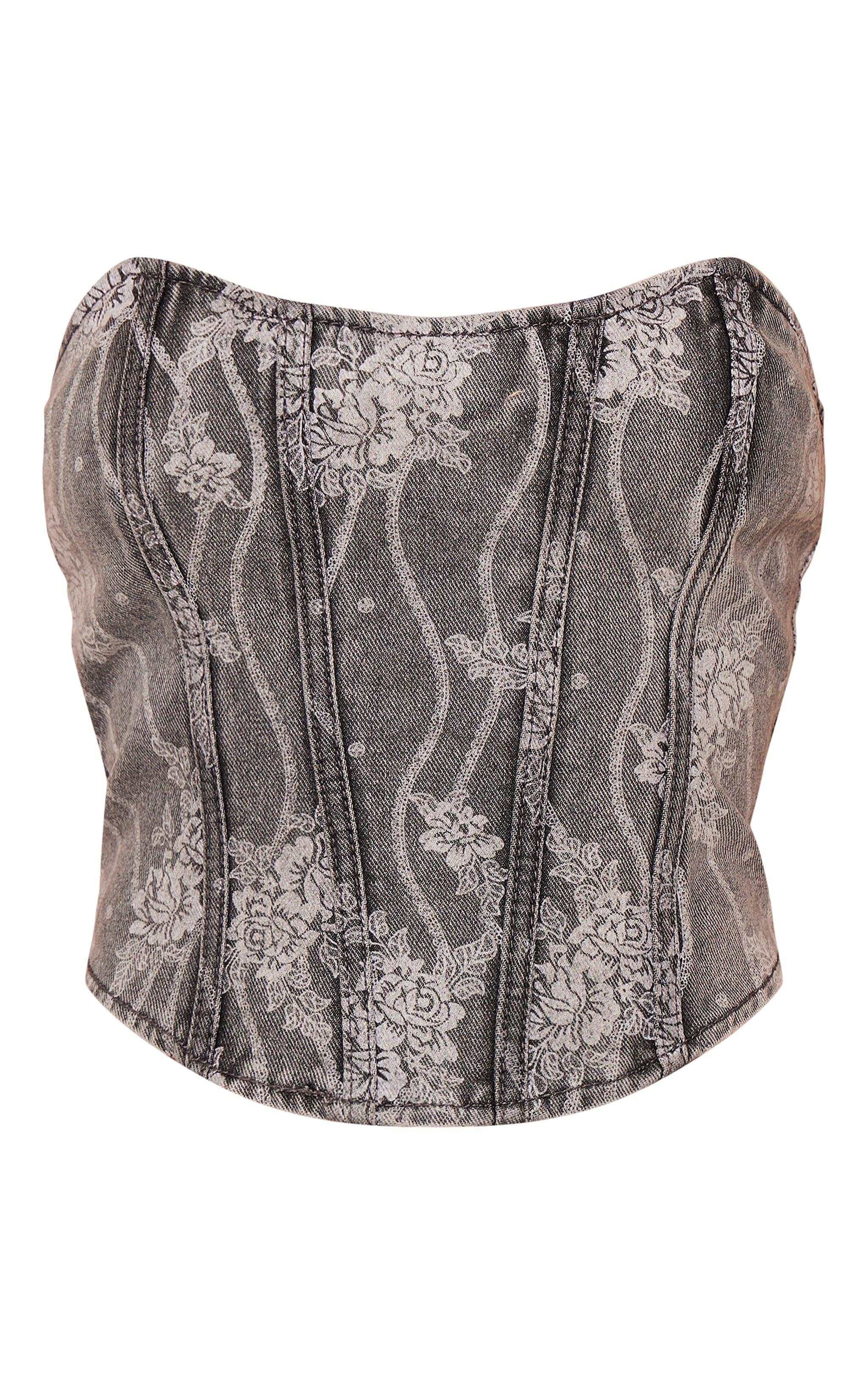 Washed Grey Lace Print Denim Corset Crop Top Product Image