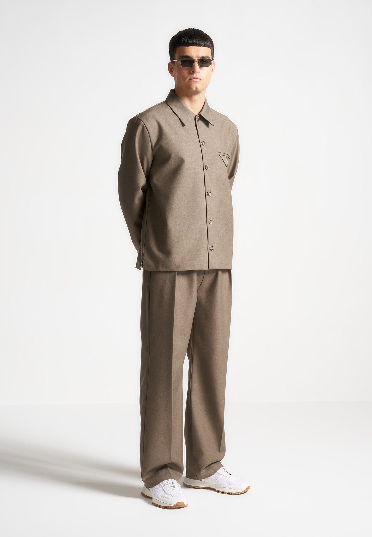 Relaxed Fit Hatched Pleated Tailored Trousers - Khaki Male Product Image