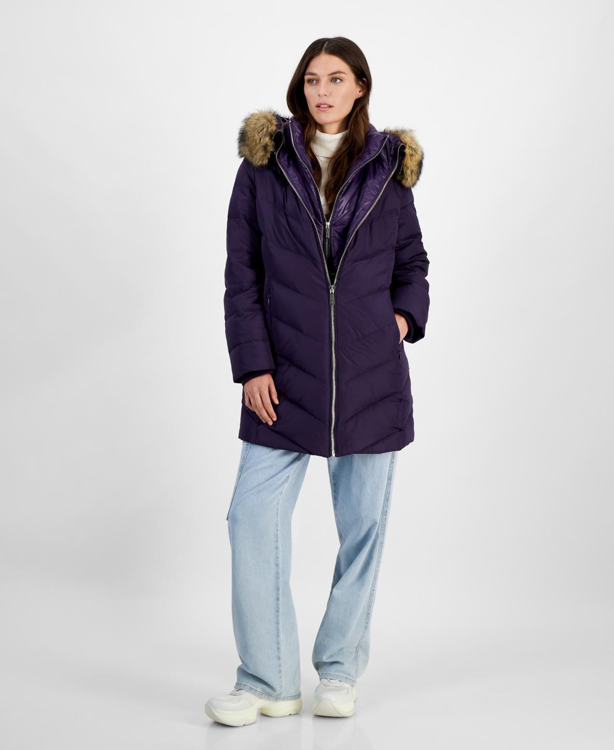 Michael Michael Kors Womens Bibbed Faux-Fur-Trim Hooded Puffer Coat Product Image