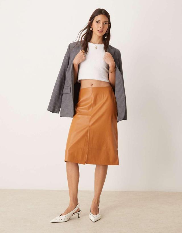 ASOS DESIGN faux leather split front midi skirt in tan Product Image