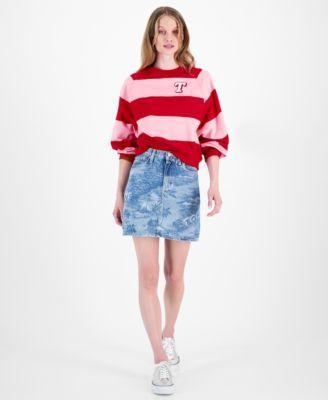 Tommy Jeans Womens Striped Letterman Crewneck Cotton Sweatshirt Hawaiian Print Denim Mini Skirt Product Image