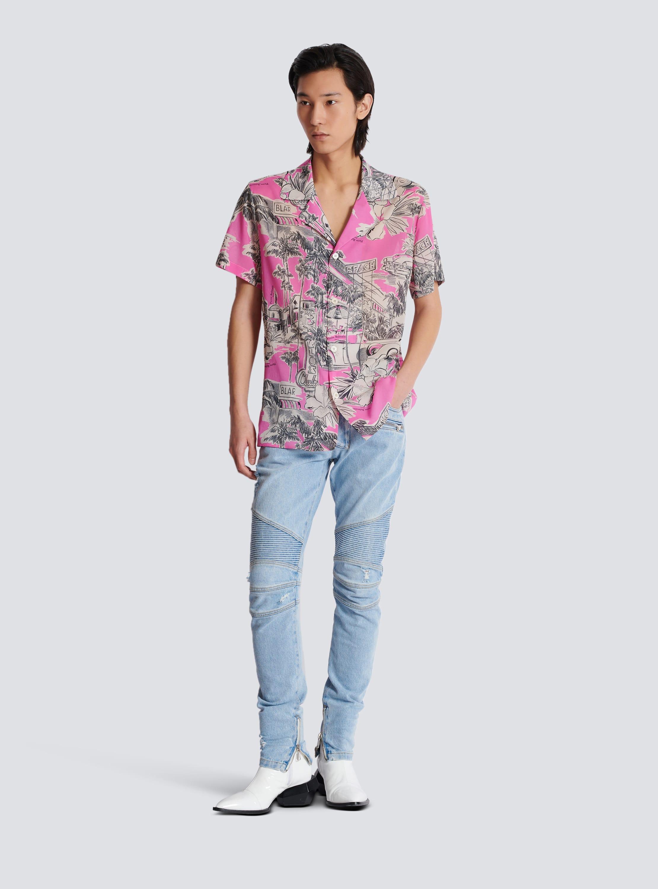 Short-sleeved silk pyjama shirt with Miami print Product Image