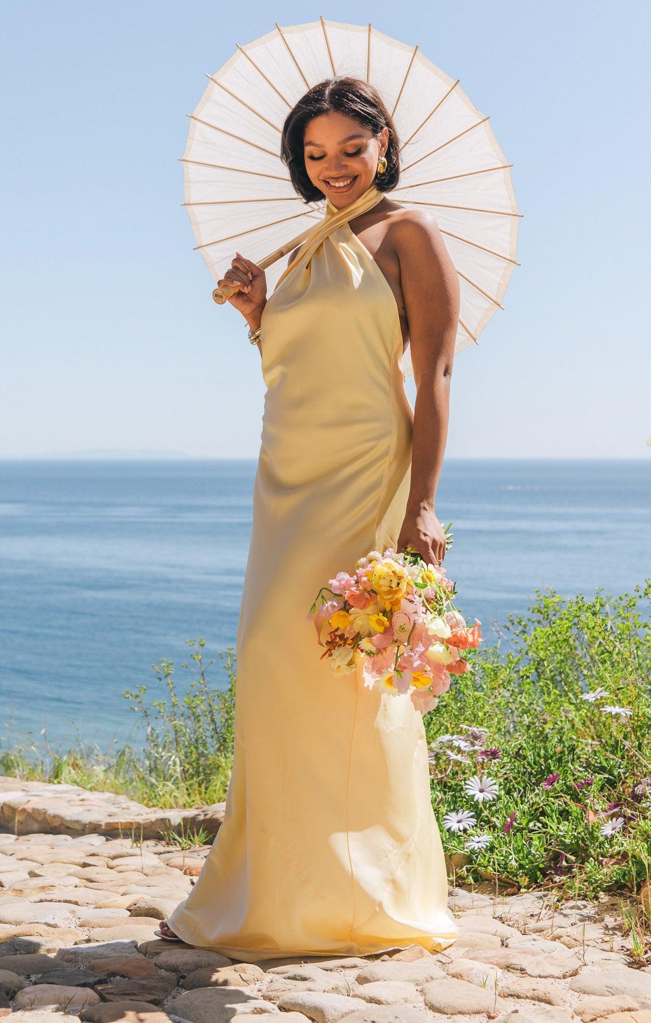 Jasmine Halter Maxi Dress ~ Pale Yellow Luxe Satin Product Image