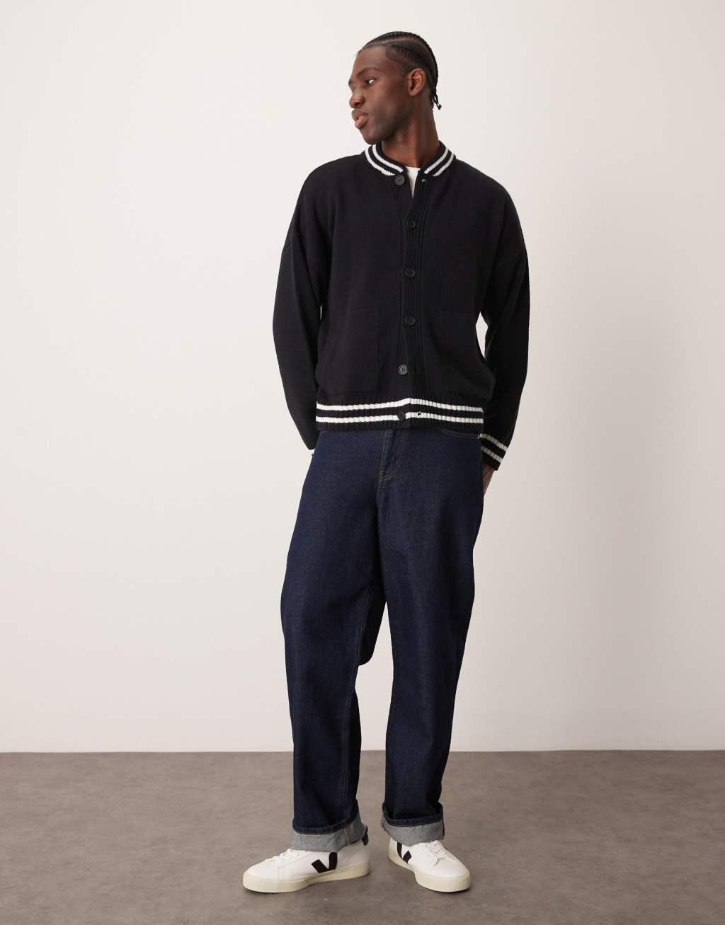 ASOS DESIGN oversized boxy fit knitted bomber cardigan in navy with white tipping Product Image