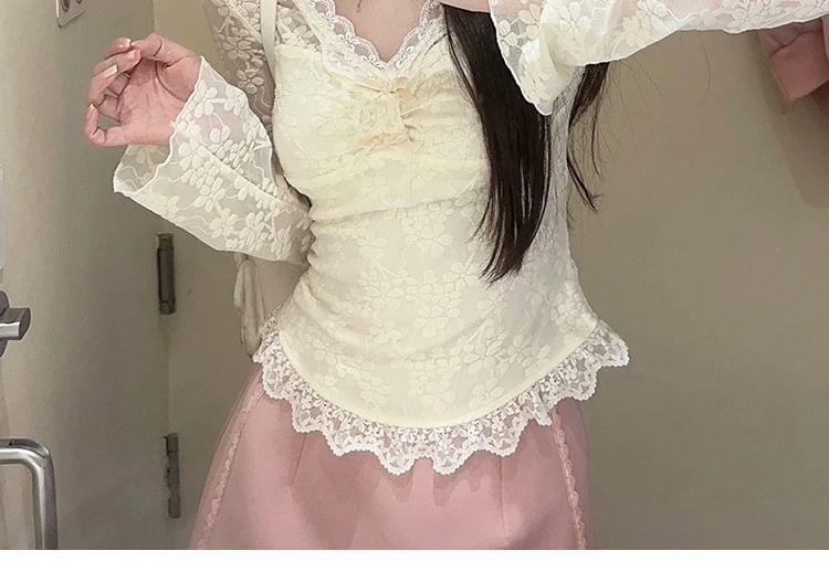 Long-Sleeve V-Neck Lace Crop Top Product Image