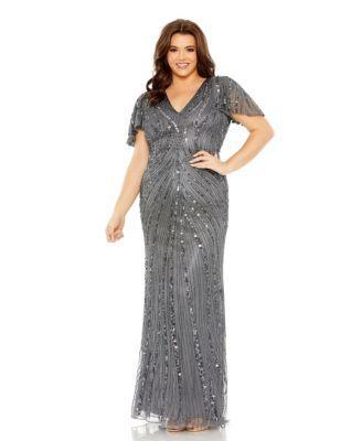 Plus Size Flutter Sleeve Embellished Gown Product Image