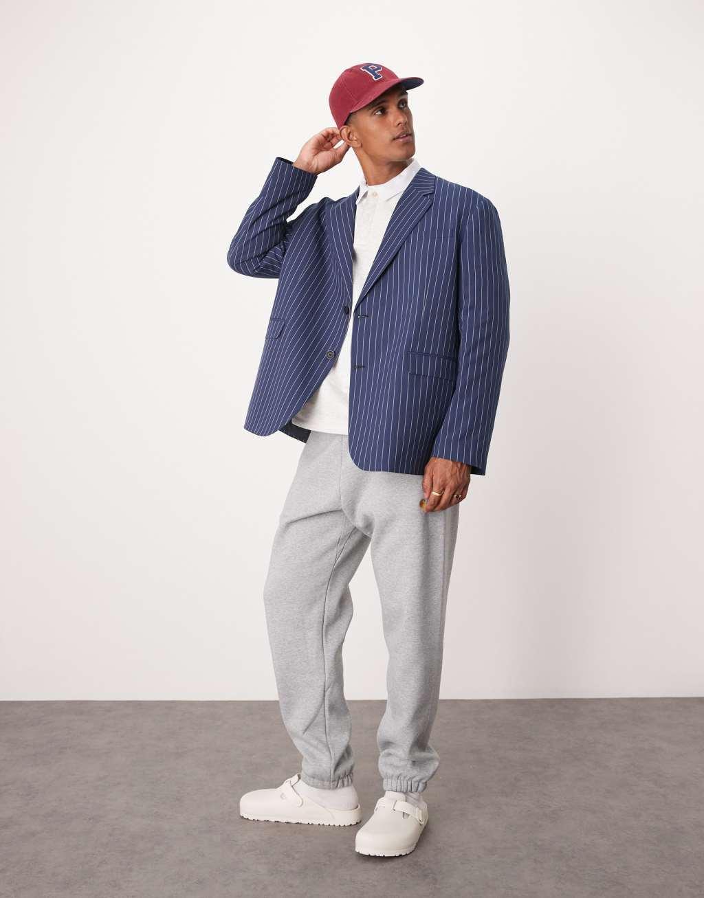 ASOS DESIGN slouchy oversized blazer in navy pinstripe Product Image