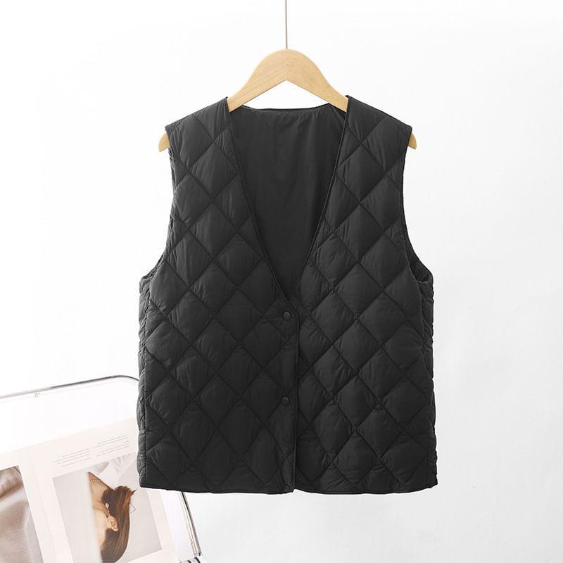 V-Neck Plain Quilted Button Vest Product Image