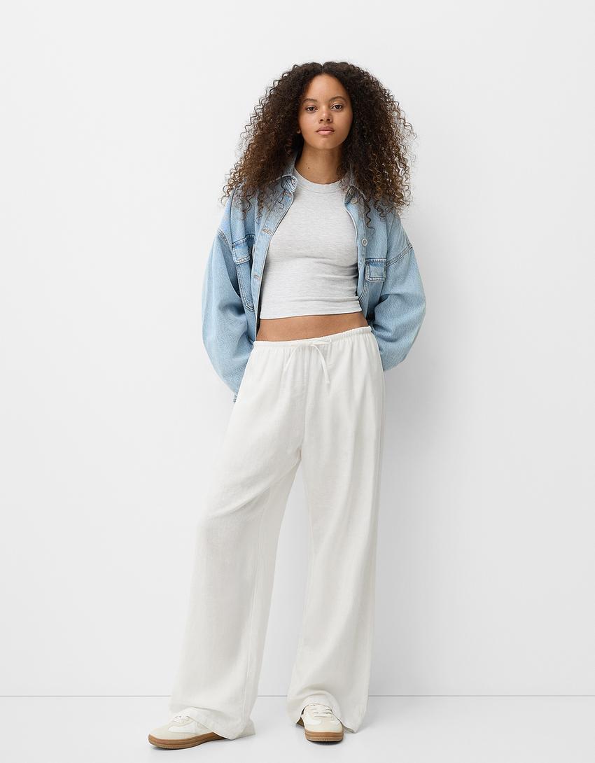 Straight-leg linen blend pants with an elastic waist Product Image