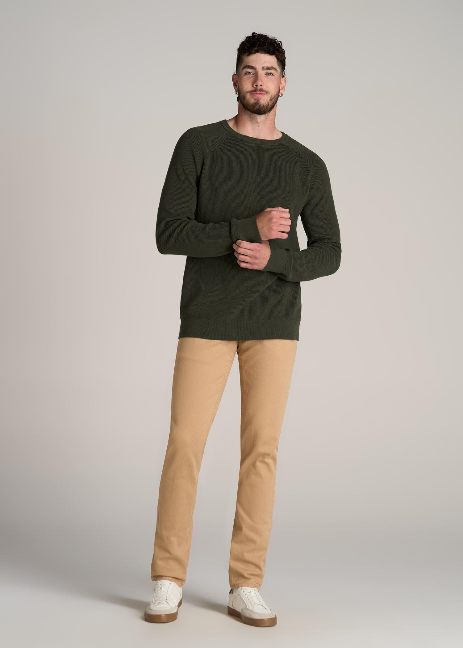 Textured Heavy Knit Sweater for Tall Men in Dark Olive Green Product Image