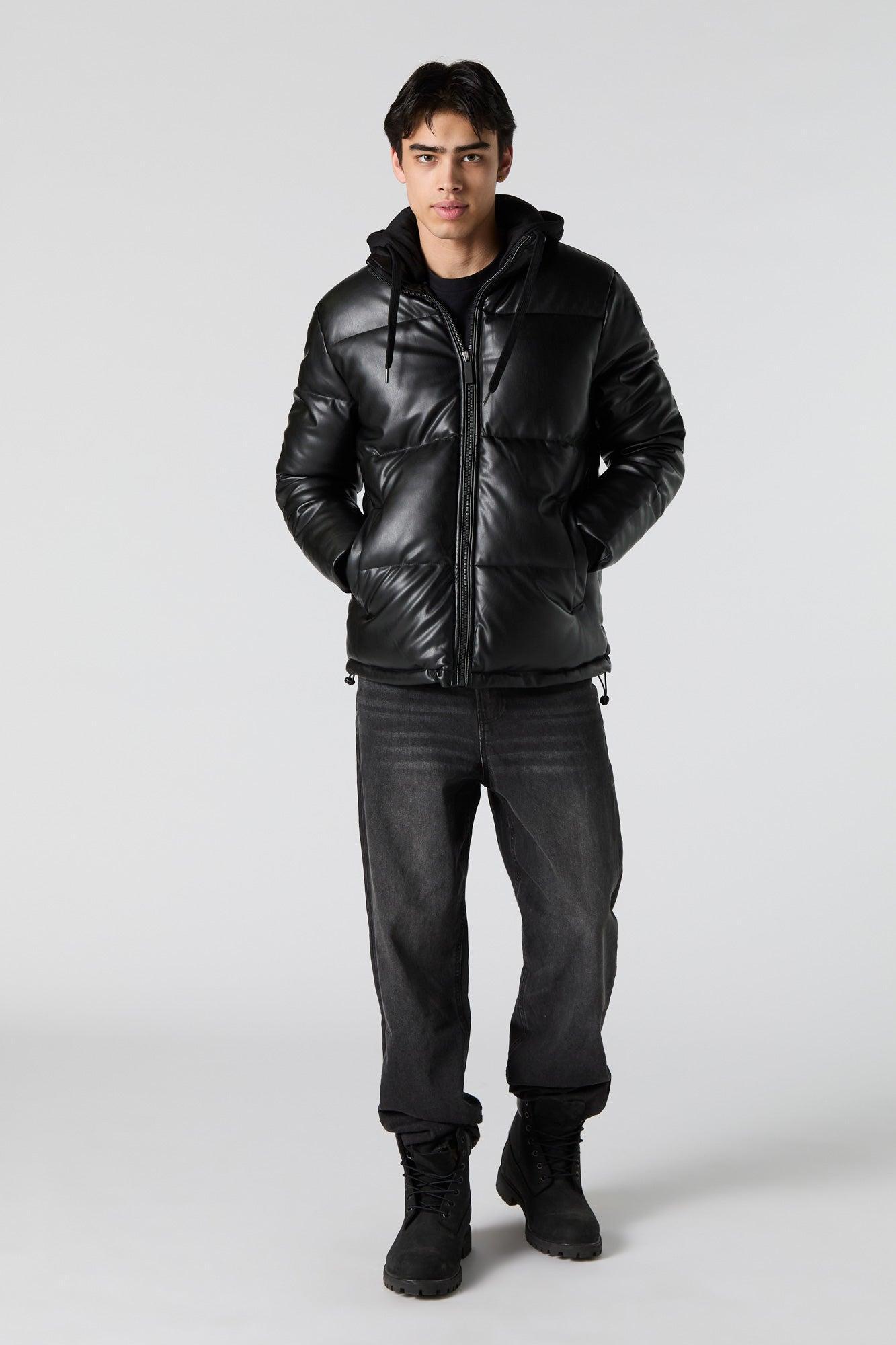 Faux Leather Hooded Puffer Jacket Male Product Image